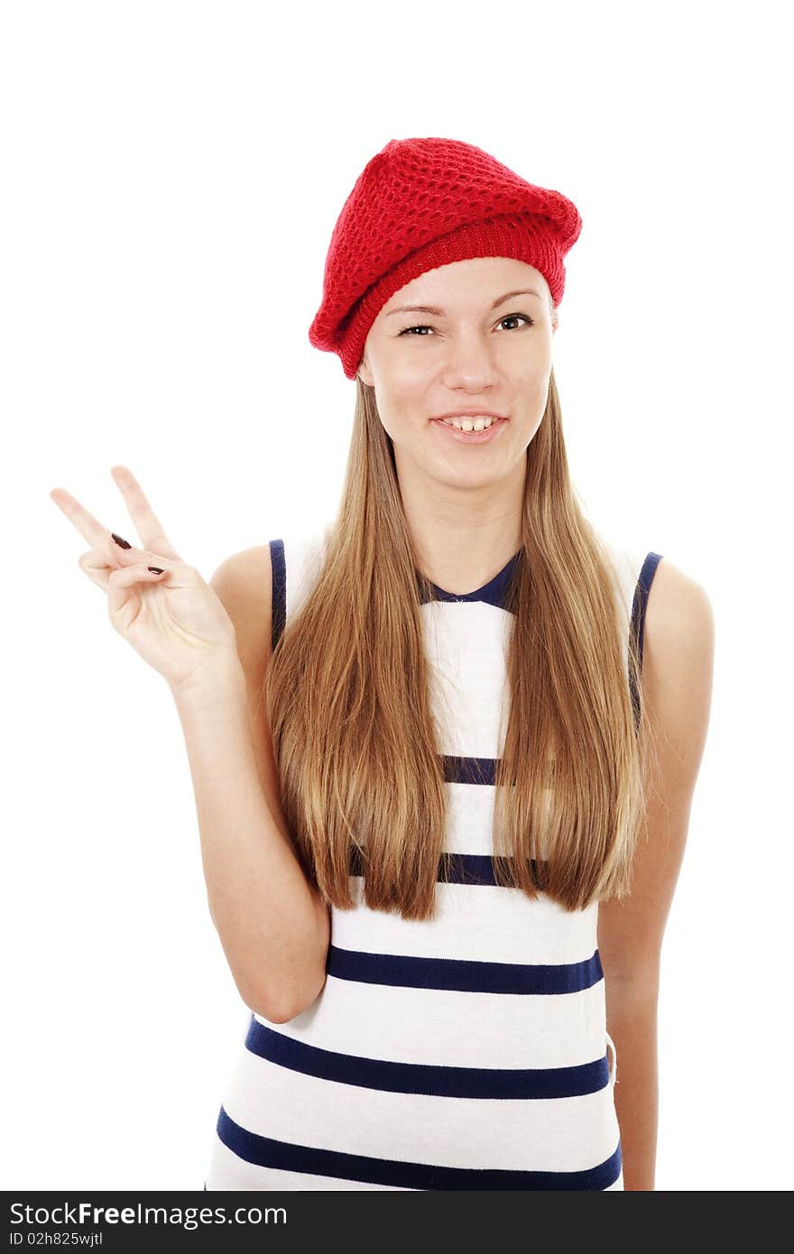 Funny Girl in red hat on white