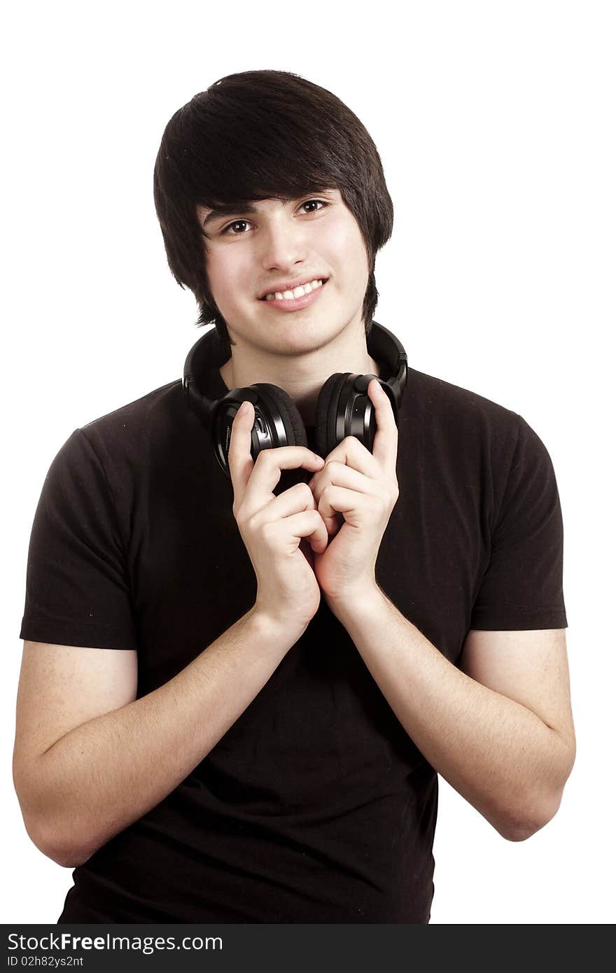 Smiling boy with headphones isolated on white