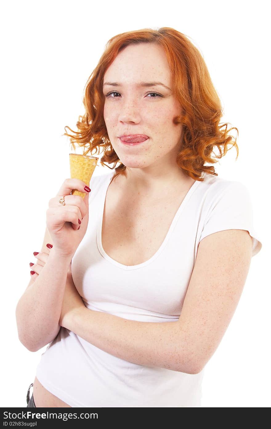 Girl with ice cream isolated on white