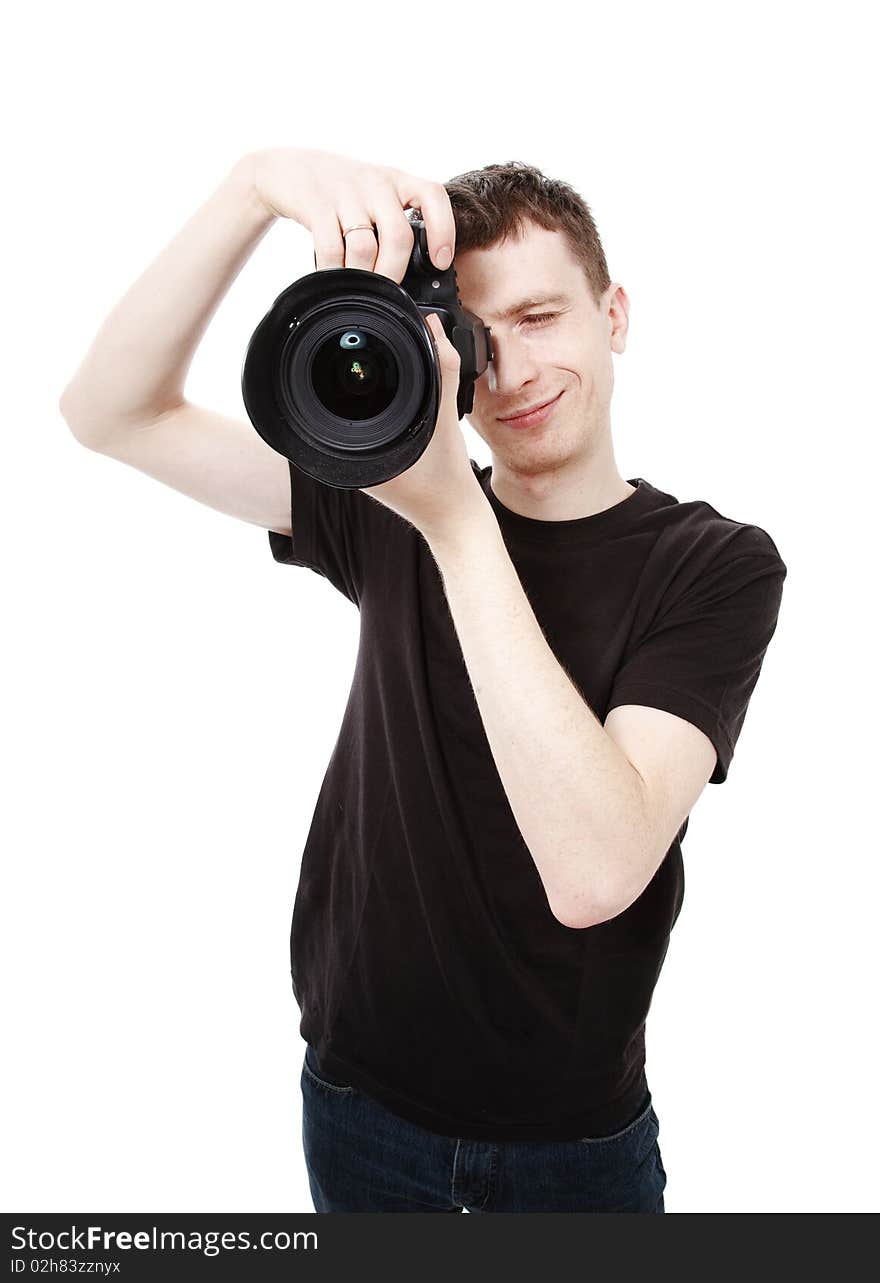 Man with camera isolated on white