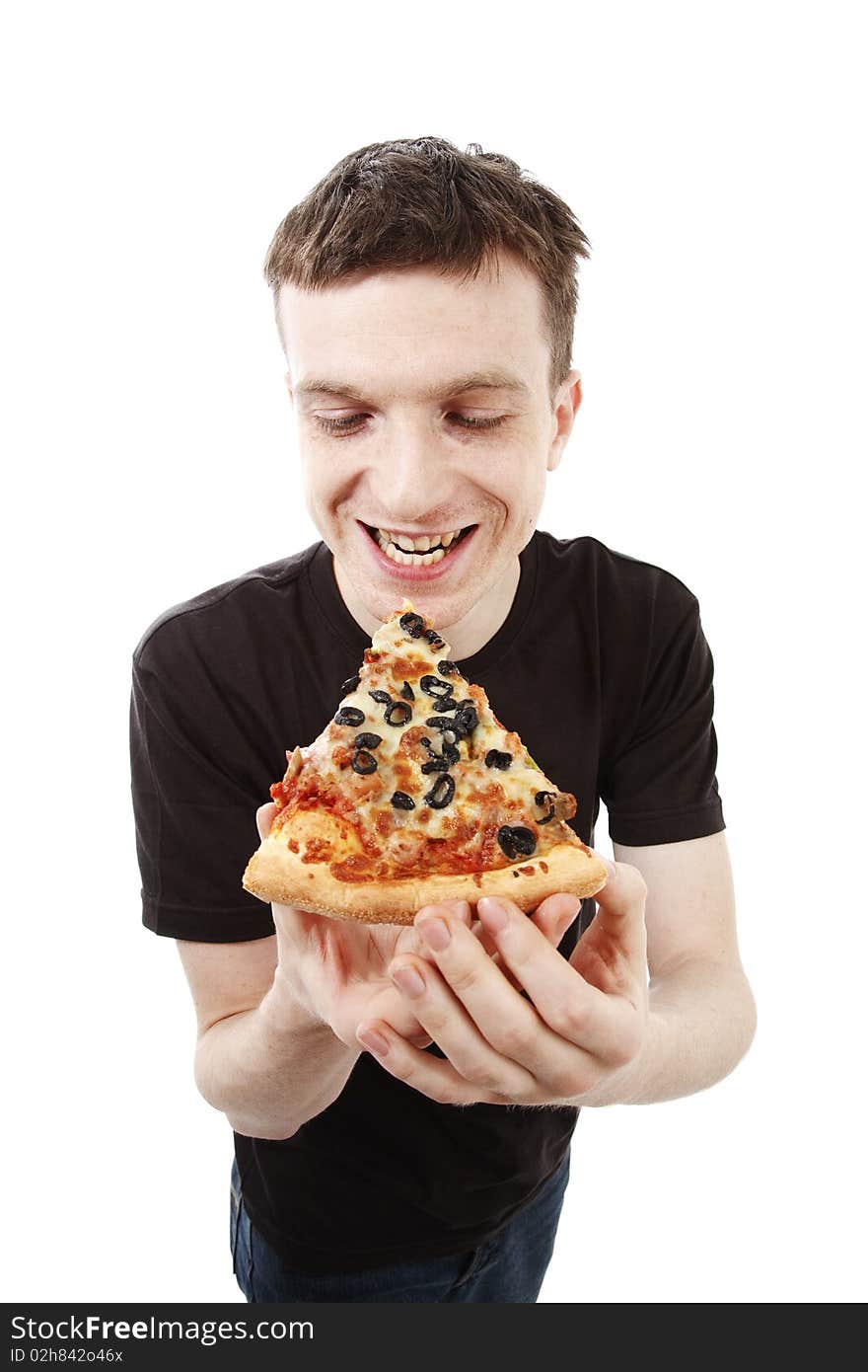 Man with pizza isolated on white