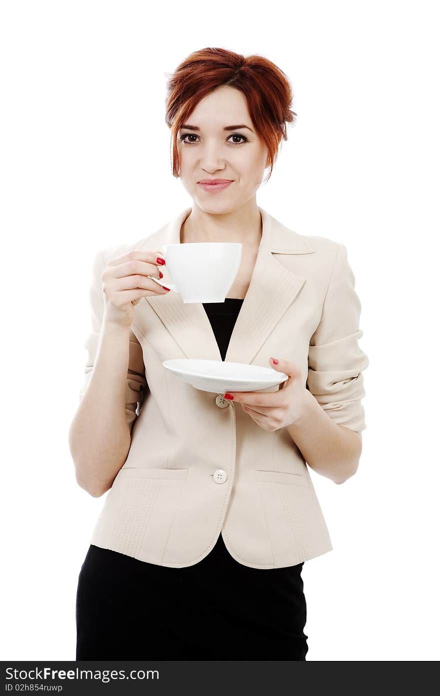 Girl with cup of tea/coffee isolated on white