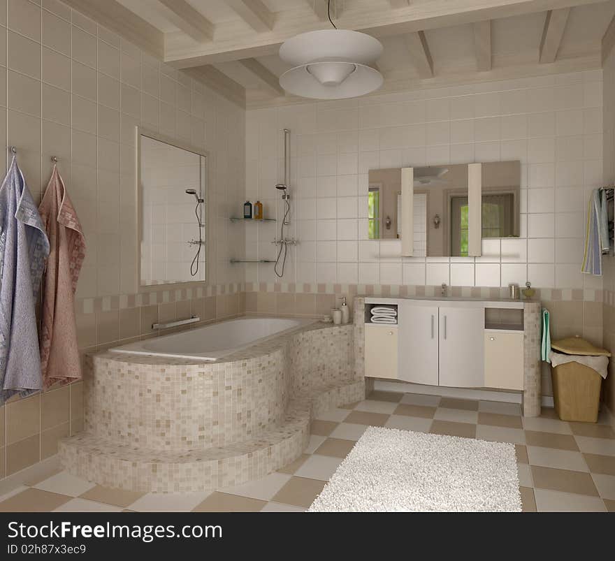 3D bathroom with toilet and shower in the yellow tile