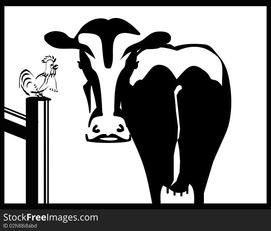 Black and white cow and a rooster silhouette on a fence rail. With a black border around it all. Black and white cow and a rooster silhouette on a fence rail. With a black border around it all...