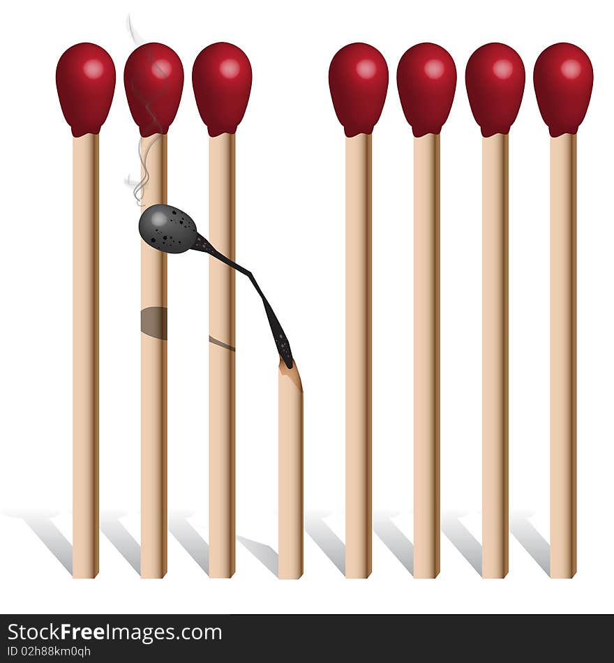 Illustration burnted match abreast integer match on white background. Illustration burnted match abreast integer match on white background