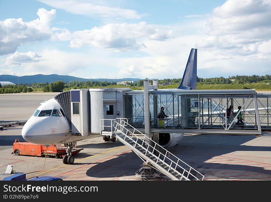 Airplane near a terminal with nature view background