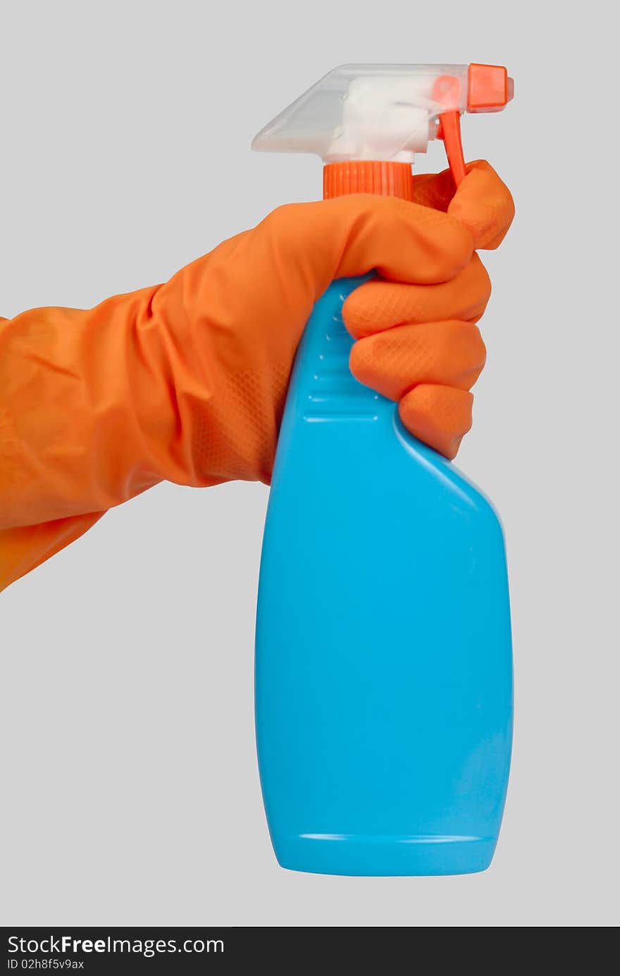 Gloved Hand With Plastic Bottle Spray Spraying