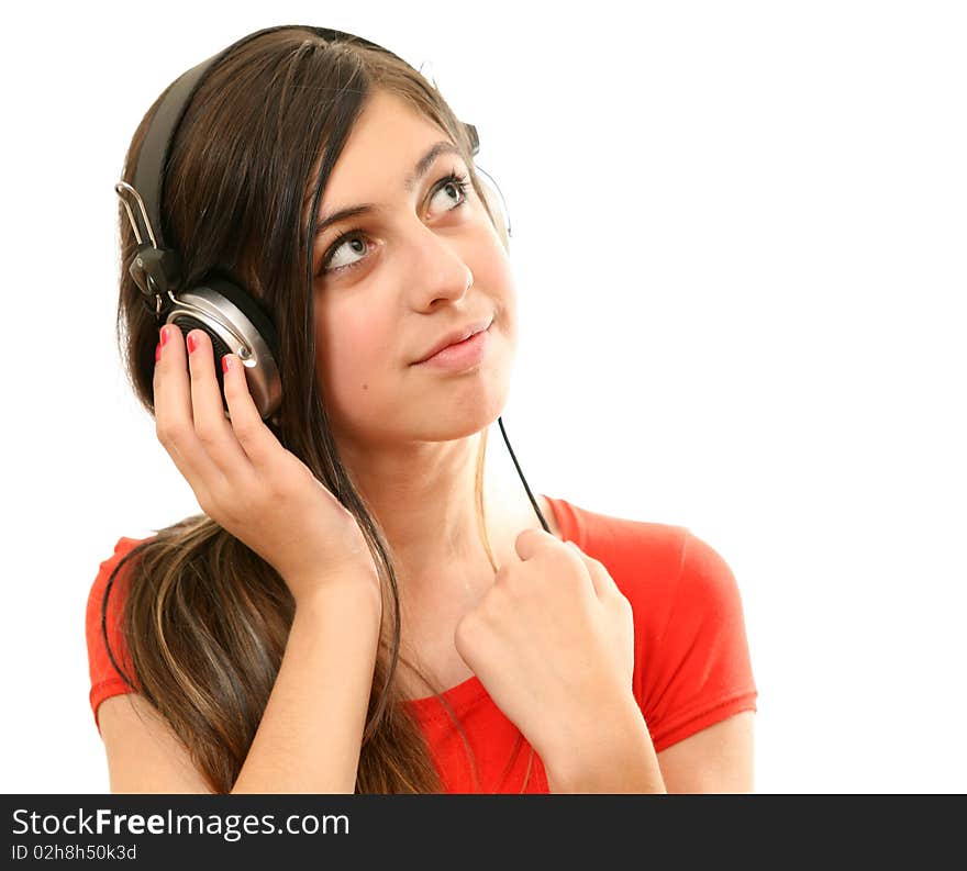 The girl in headphones on a white background