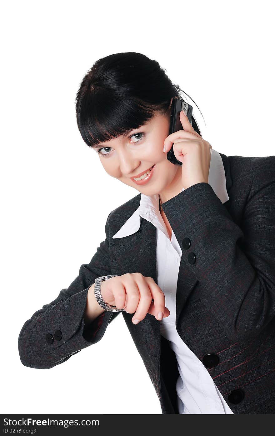 Charming young woman in a dark business suit