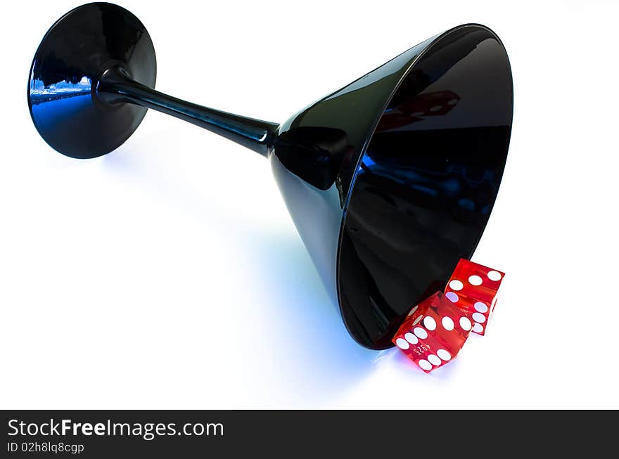 Black glass with red dice. Black glass with red dice