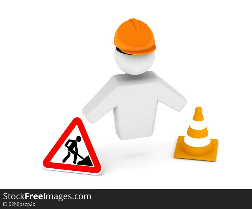 Road worker. construction zone. Road woker, cone and road sign isolated on white background. High quality 3d render.
