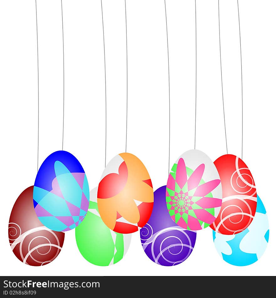 Eight floral patterned easter eggs with a ribbon illustrated on a white background