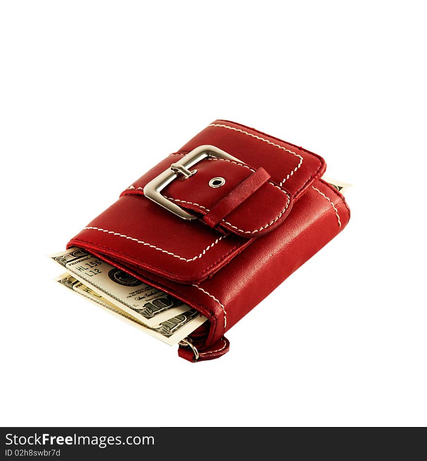 A red purse with money isolated on white