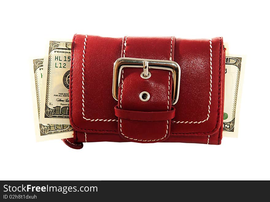 A red purse with money isolated on white