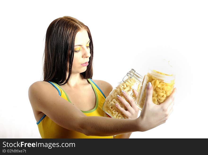 Young Woman Holding Canes With Different Pasta