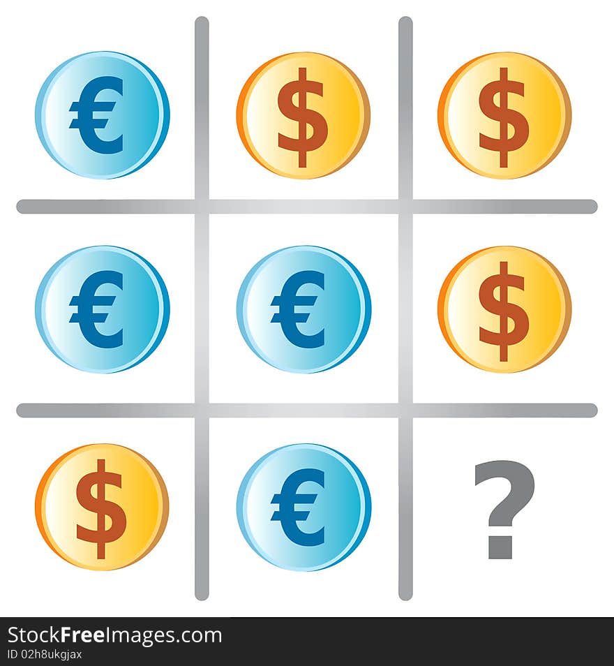 Tic Tac Toe Game with Dollars and Euros. Business Metaphor - Question Mark.