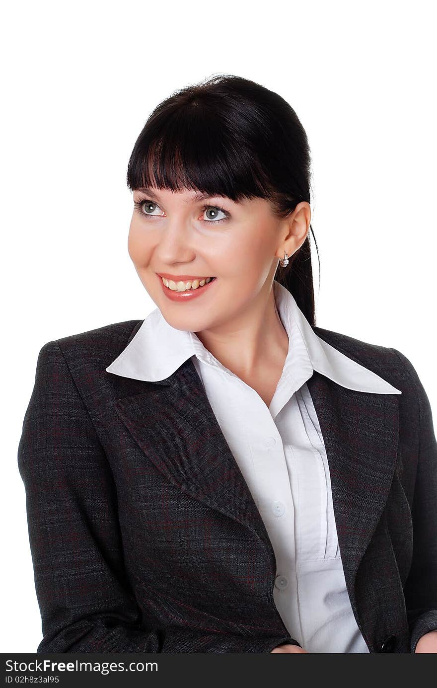 Charming young woman in a dark business suit isolated on white background