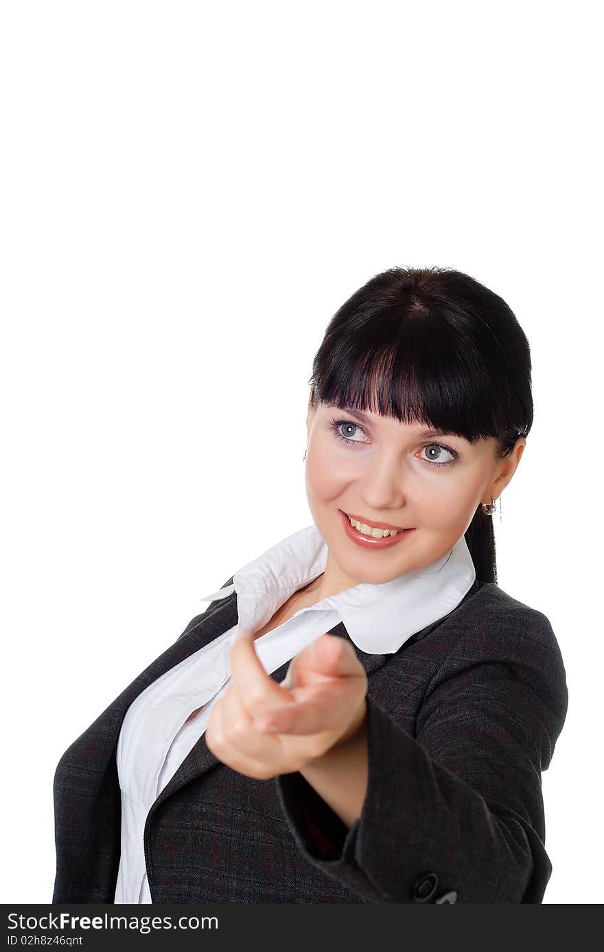 Charming young woman in a dark business suit isolated on white background