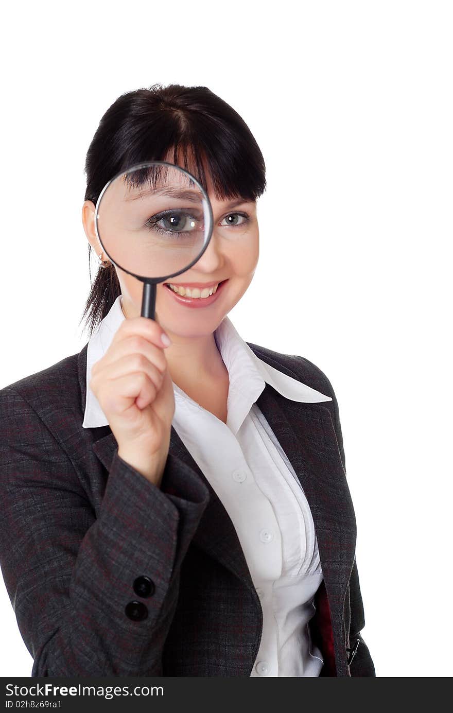 Charming young woman in a dark business suit