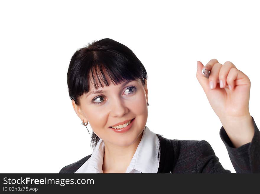 Charming young woman in a dark business suit