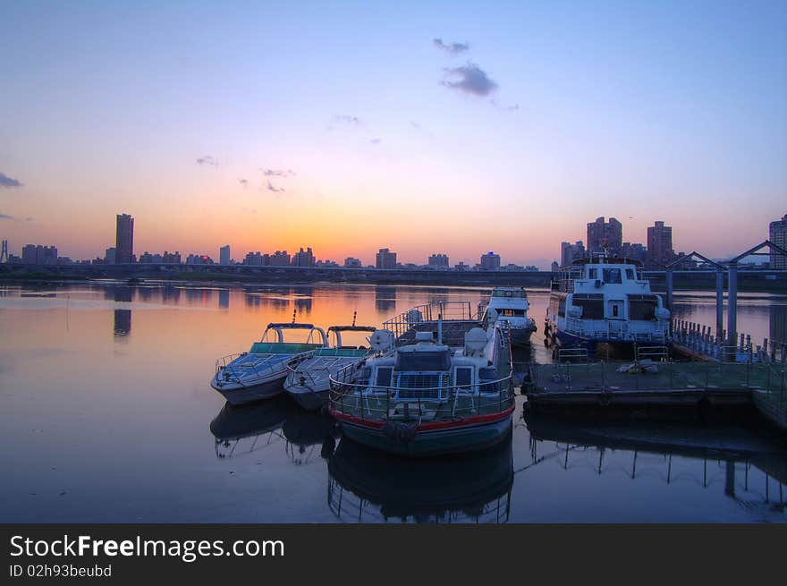 Image of a sunset at the harbor in Taipei,Taiwan.