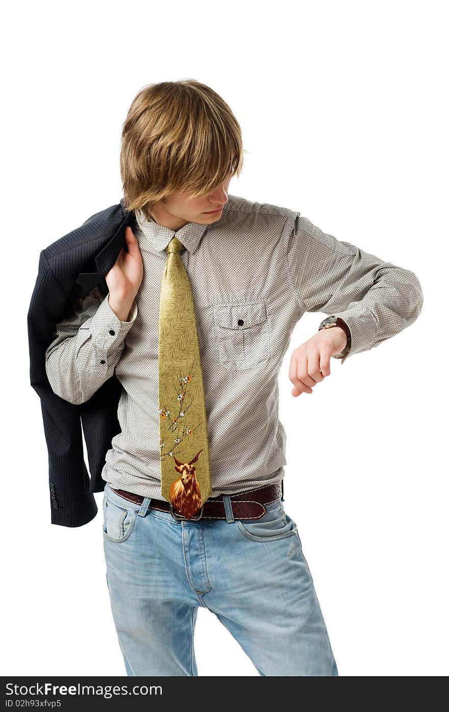 Waist up portrait of young man on light gray background