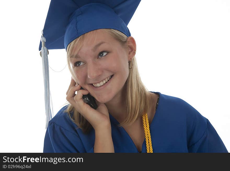 Graduating Girl In Gown On Cell