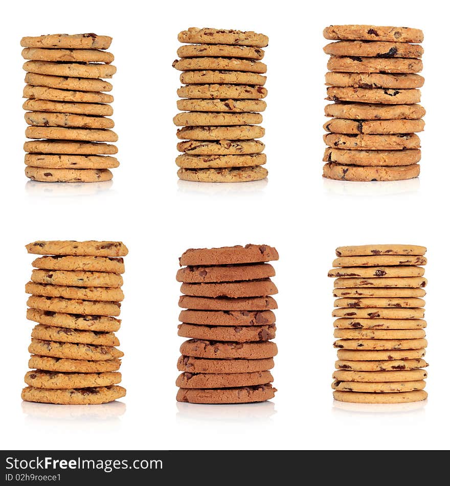 Chocolate chip cookie collection, including, chunk, flapjack, blueberry and oat, muesli, and all butter, isolated over white background. Chocolate chip cookie collection, including, chunk, flapjack, blueberry and oat, muesli, and all butter, isolated over white background.