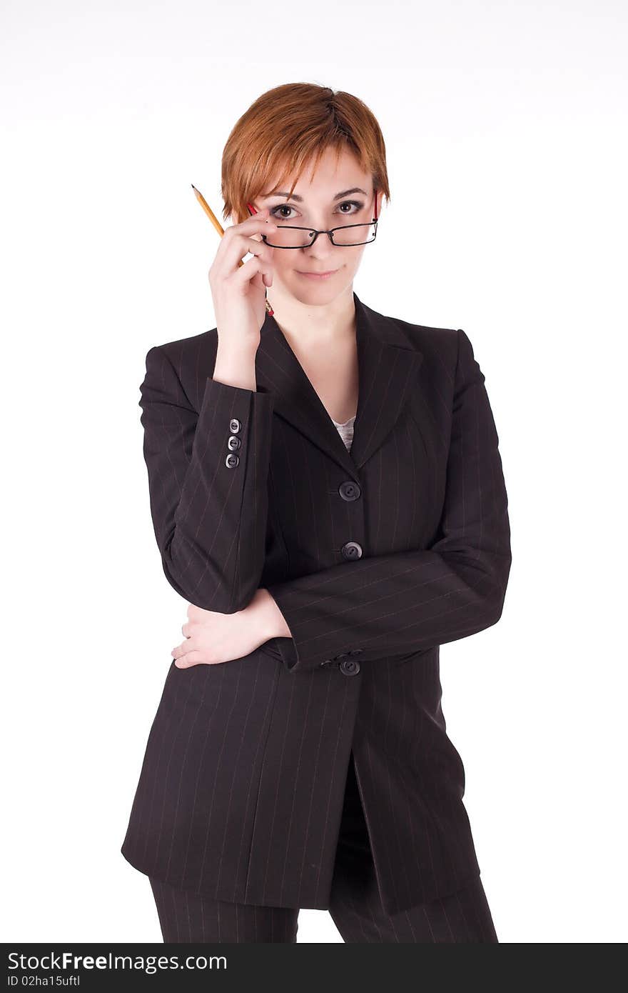 Young woman with pencil on white background. Young woman with pencil on white background