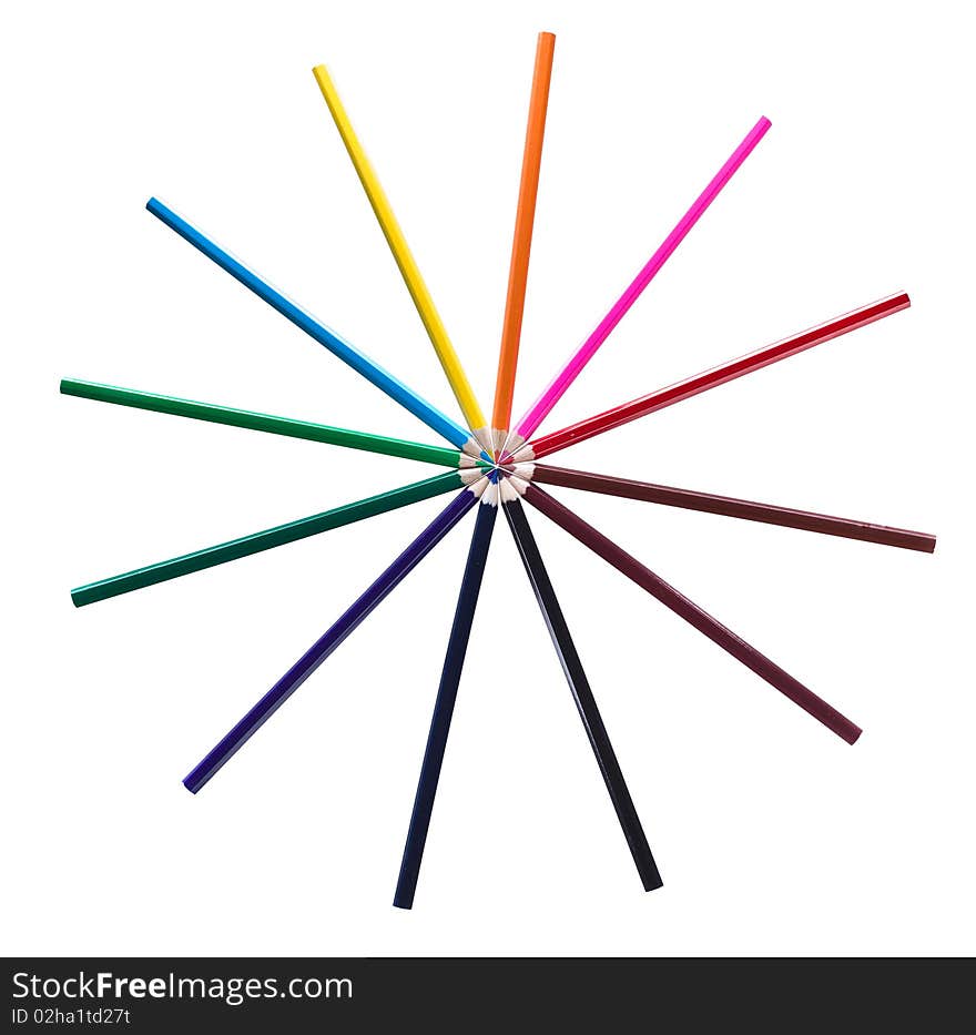 Colored pencils forming a color circle. White background. Colored pencils forming a color circle. White background.