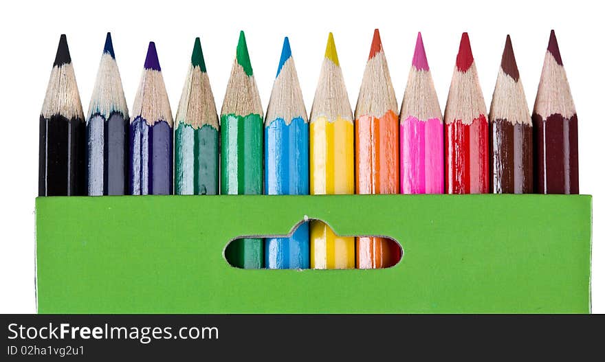 Colored pencils in box. isolated on white background. Colored pencils in box. isolated on white background.