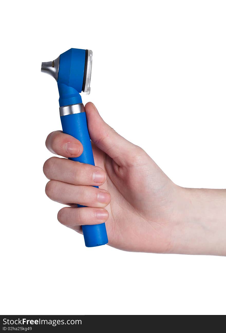 Blue otoscope in hand isolated on white background