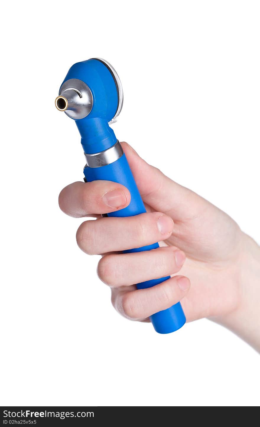 Blue otoscope in hand isolated on white background