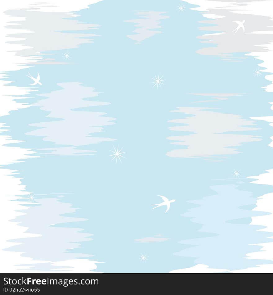 Blue Background With Clouds,stars And Swallows