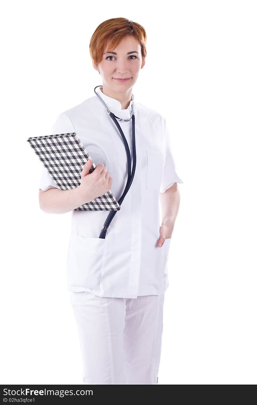 Portrait of a doctor with notebook isolated on white background. Portrait of a doctor with notebook isolated on white background