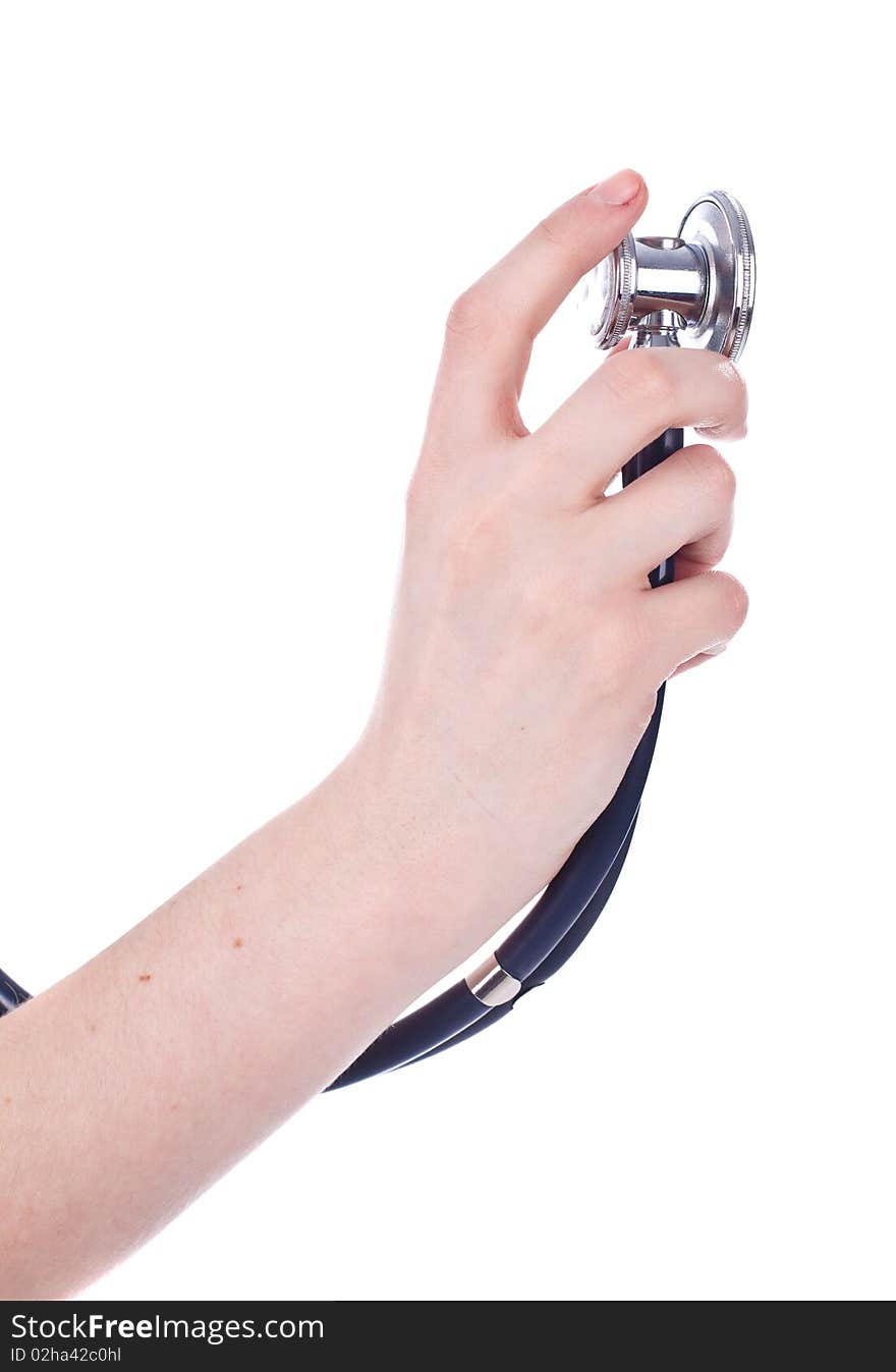 Stethoscope in hand isolated on white background