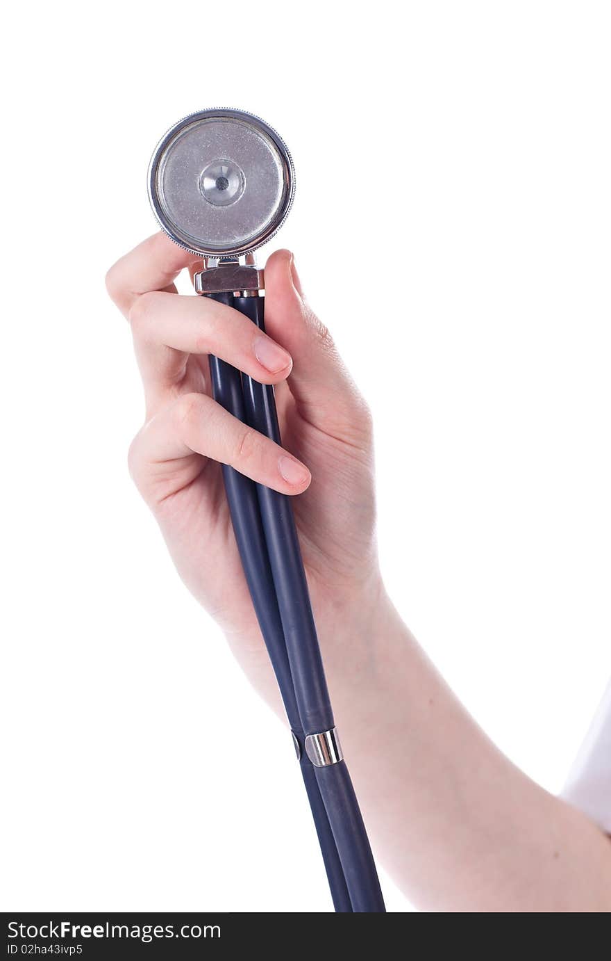 Stethoscope in hand isolated on white background