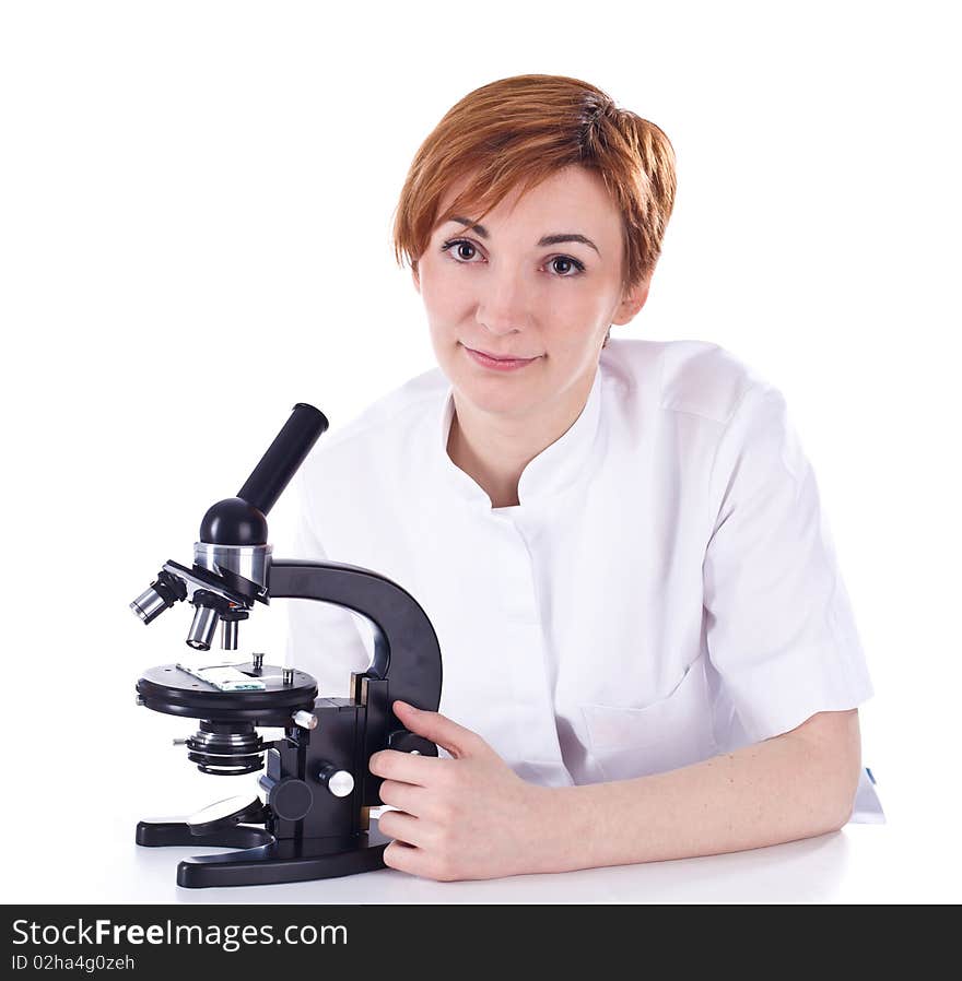 Scientist work with microscope isolated on white background. Scientist work with microscope isolated on white background