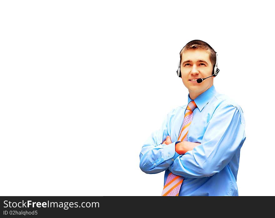 Happiness businessman in headphoness on the white background