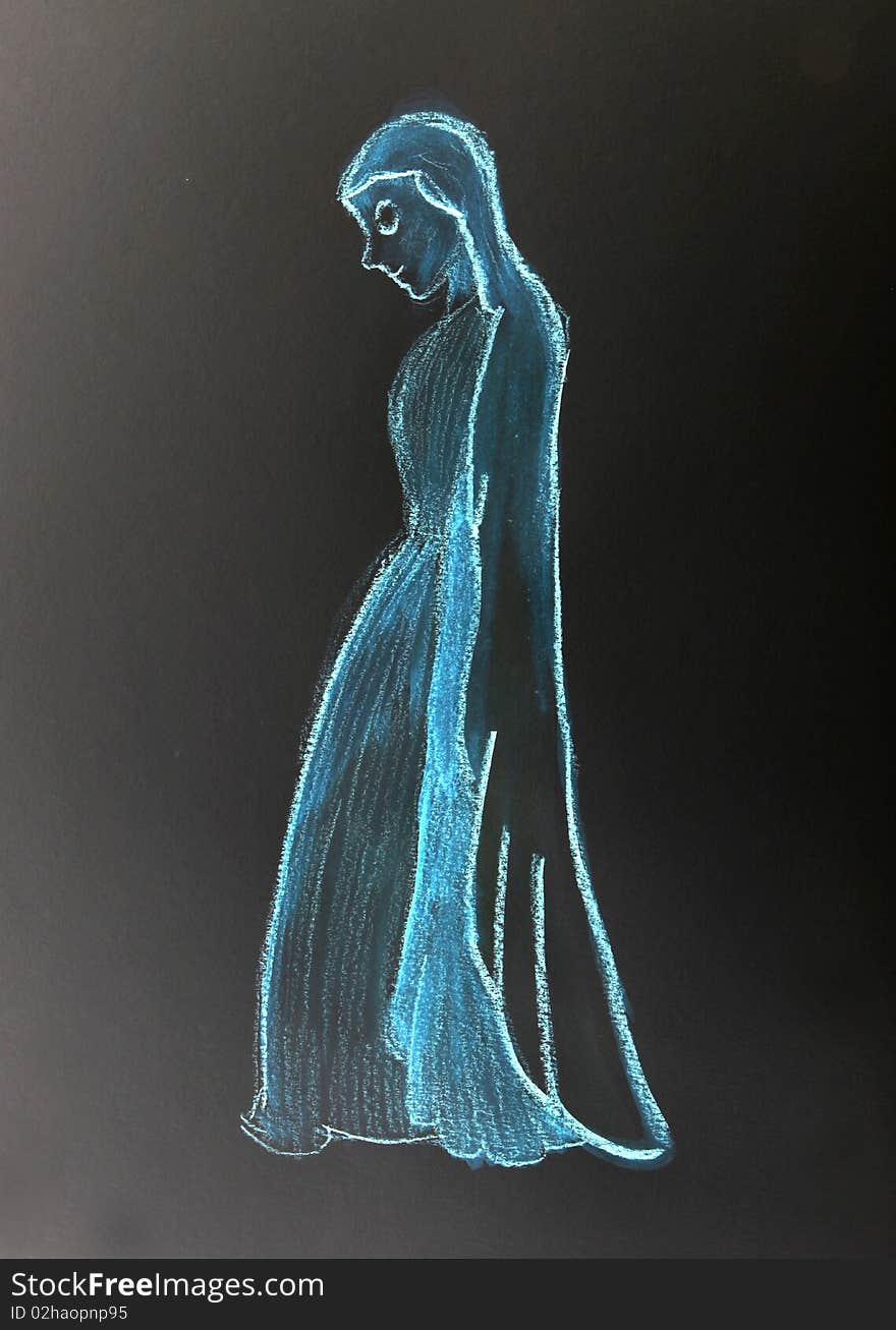 A girl drawn with blue chalk