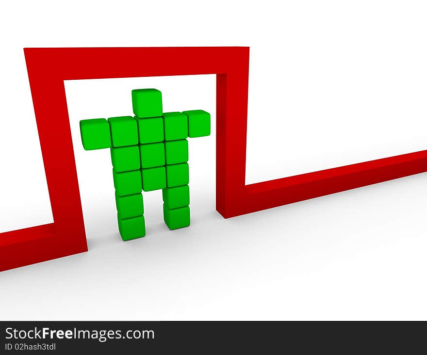 A green cube man under a red gate