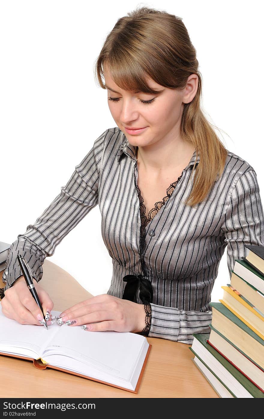 Businesswoman With  Books On  Table