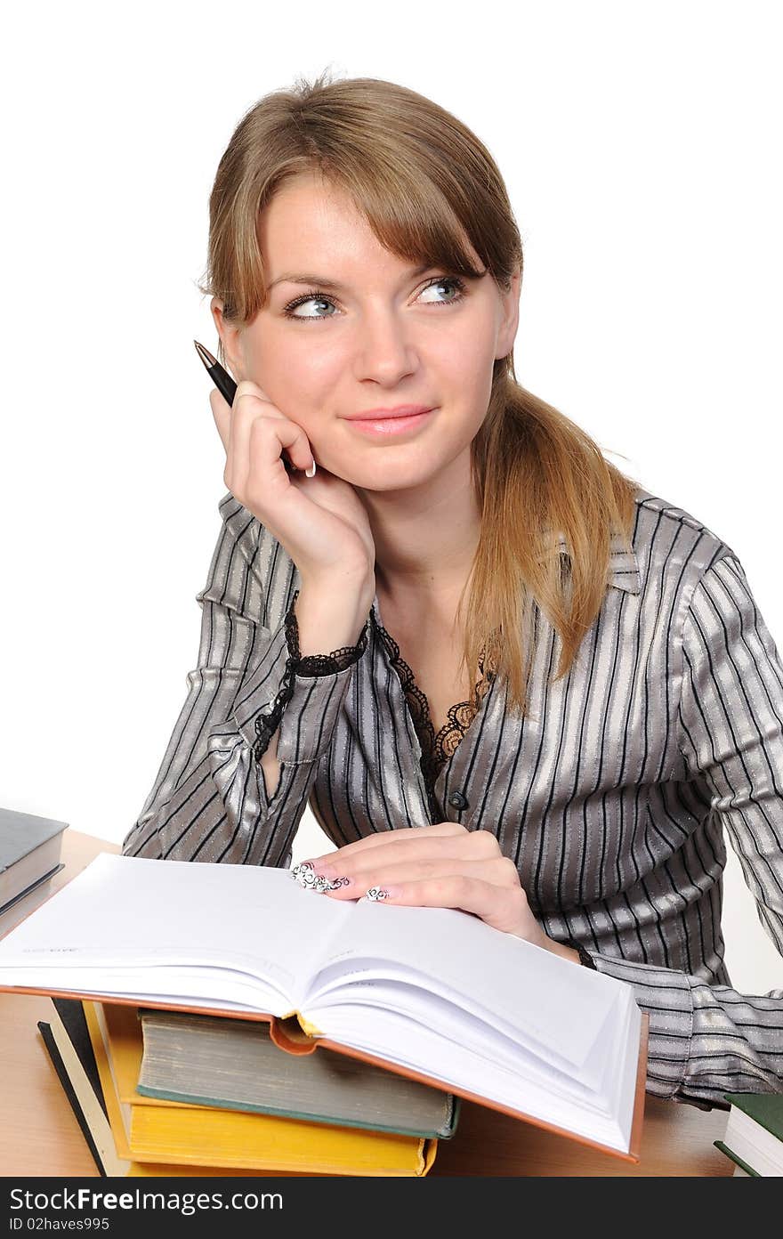 Woman With  Books On  Table