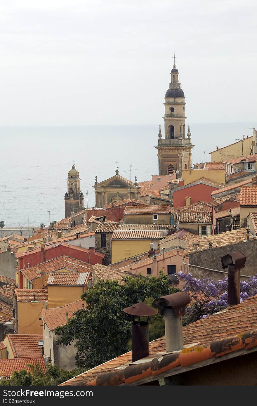 View over church in the old town of Menton