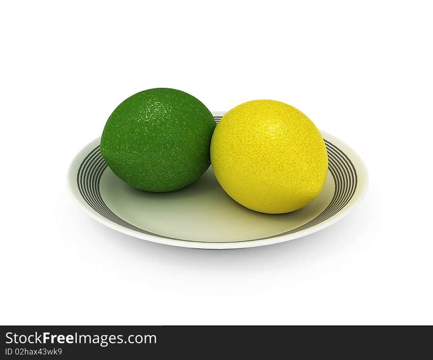 Yellow and green lemon on plates. 3D an illustration