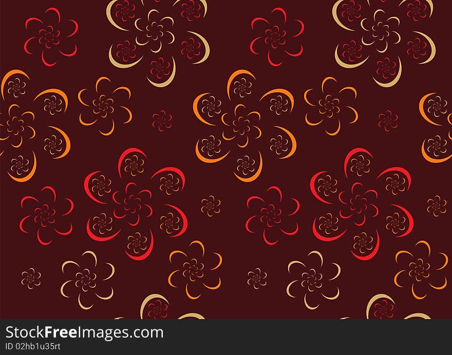 Seamless background in yellow, red and orange colors made of complex shapes that look like stylized flowers. Seamless background in yellow, red and orange colors made of complex shapes that look like stylized flowers.