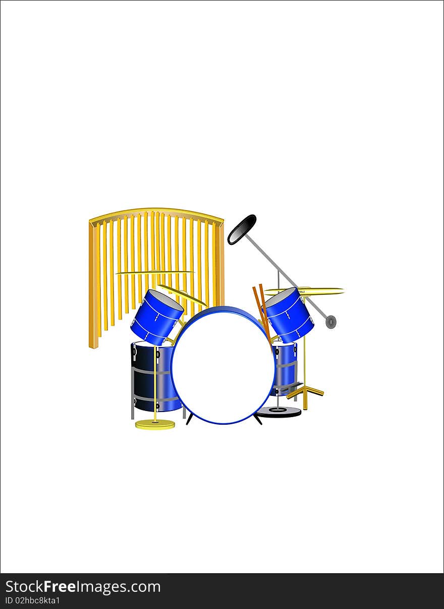 3d  blue drum set illustration on white with chimes and microphone on white. 3d  blue drum set illustration on white with chimes and microphone on white