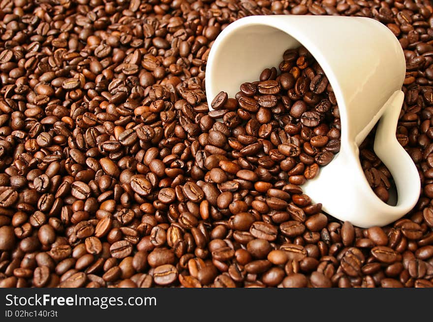 Fresh coffee beans with a white cup background texture