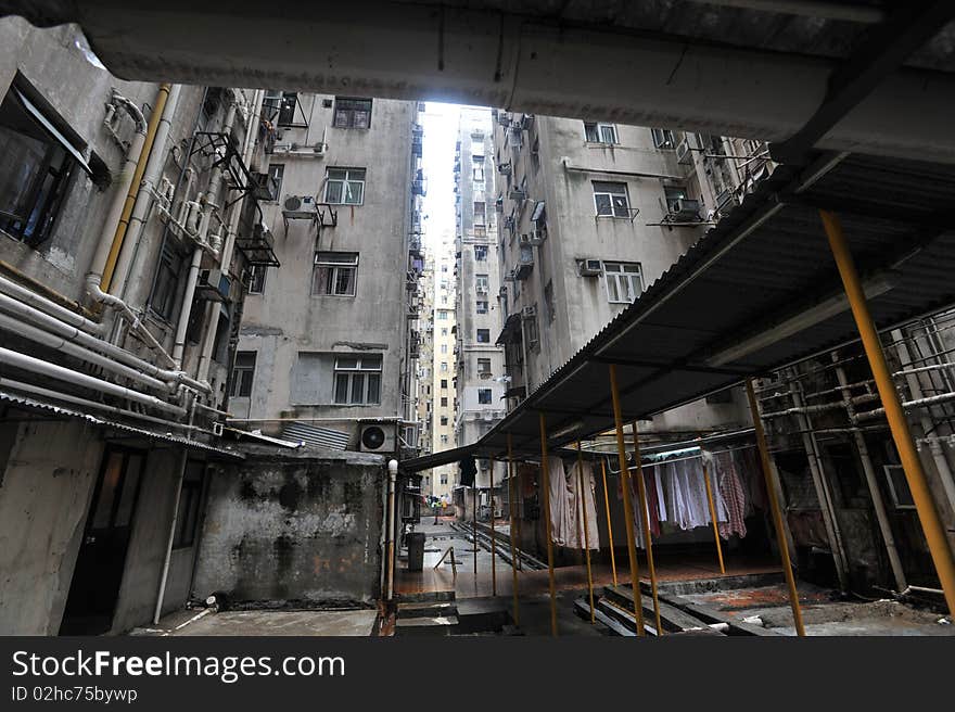 View of the courtyards of the older buildings in Kowloon. View of the courtyards of the older buildings in Kowloon