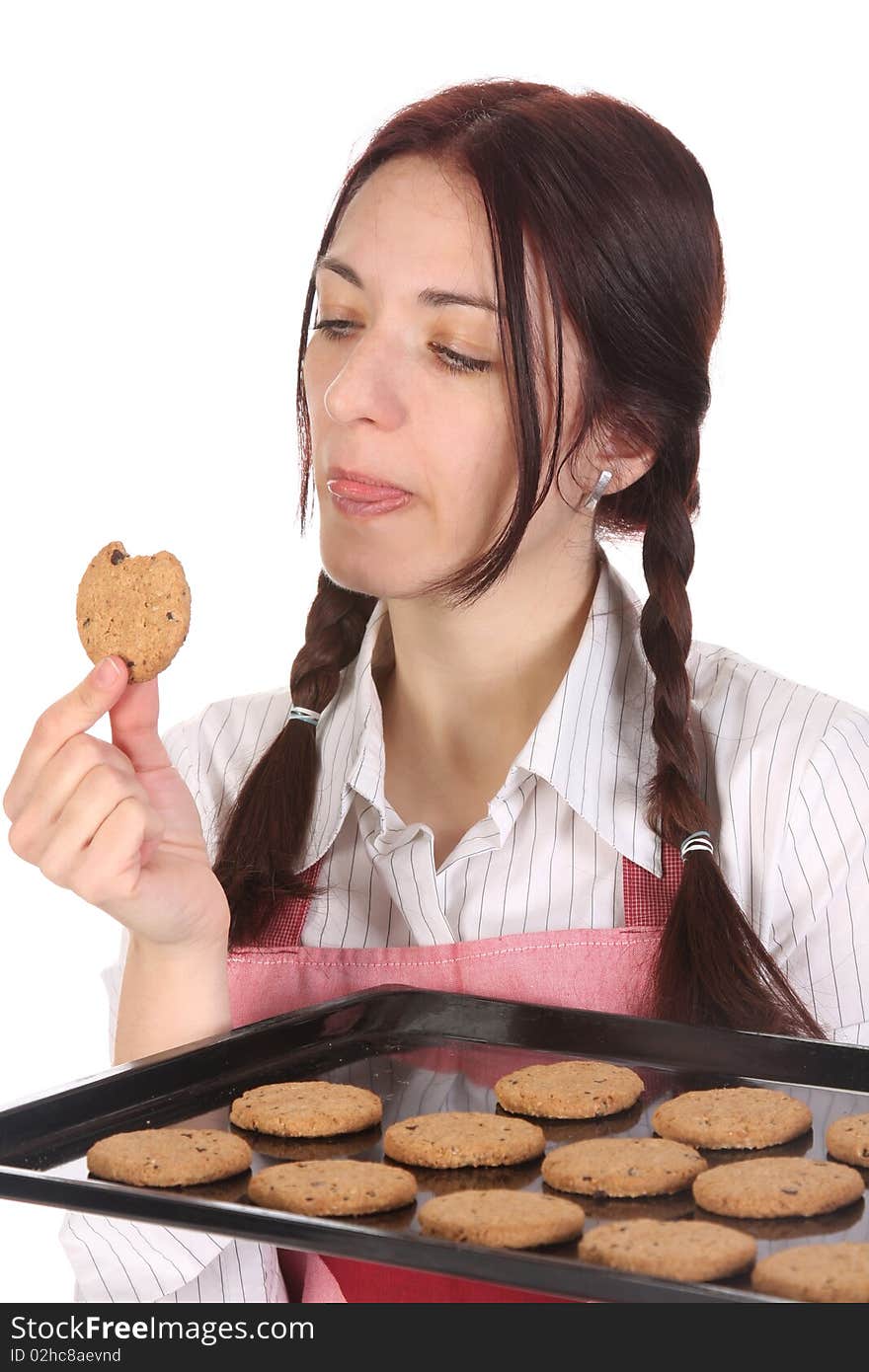 Housewife Eating A Slice Of Chocolate Cake